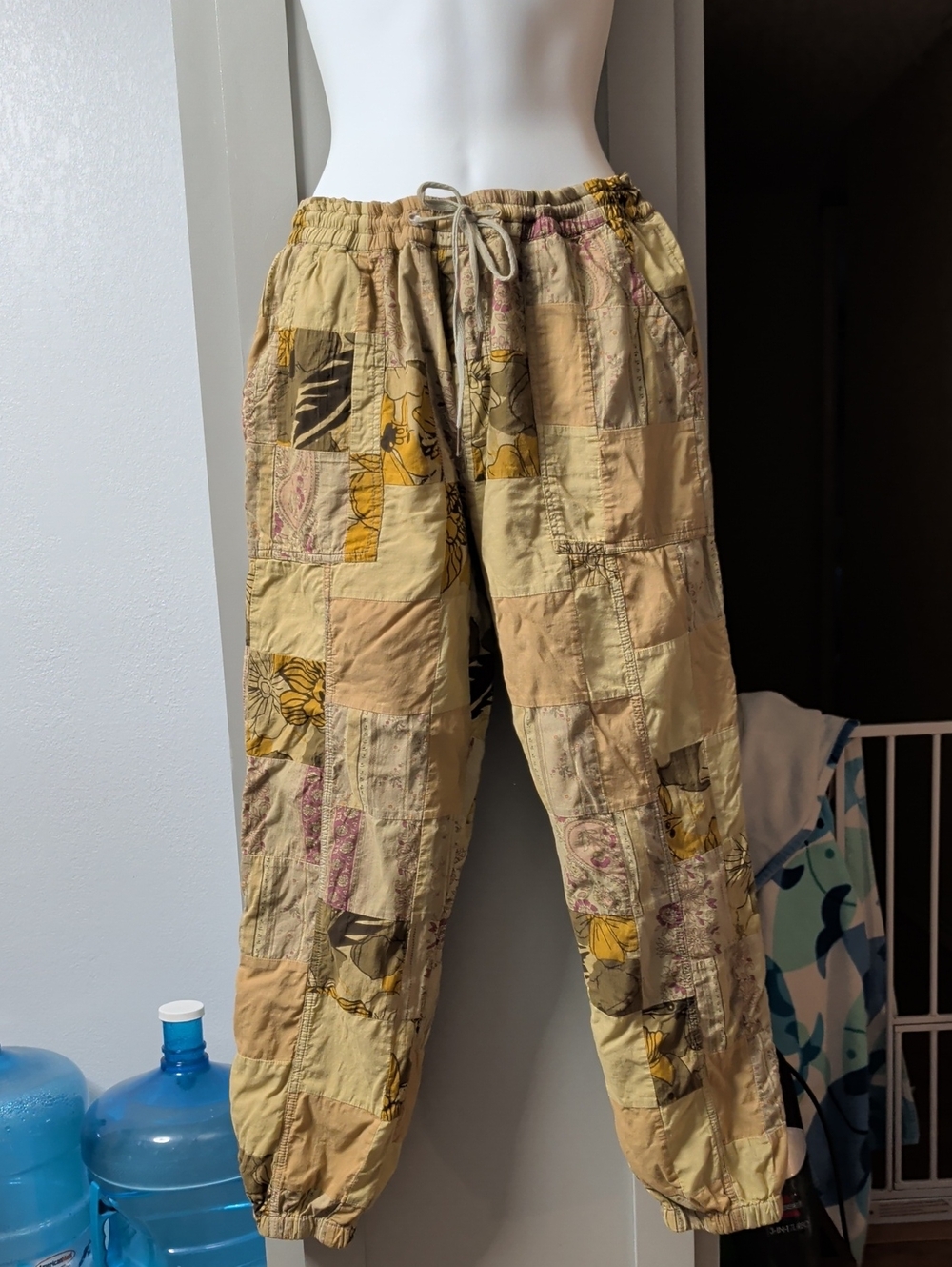 Anthropologie Patchwork Drawstring Joggers — Beige & Yellow Floral